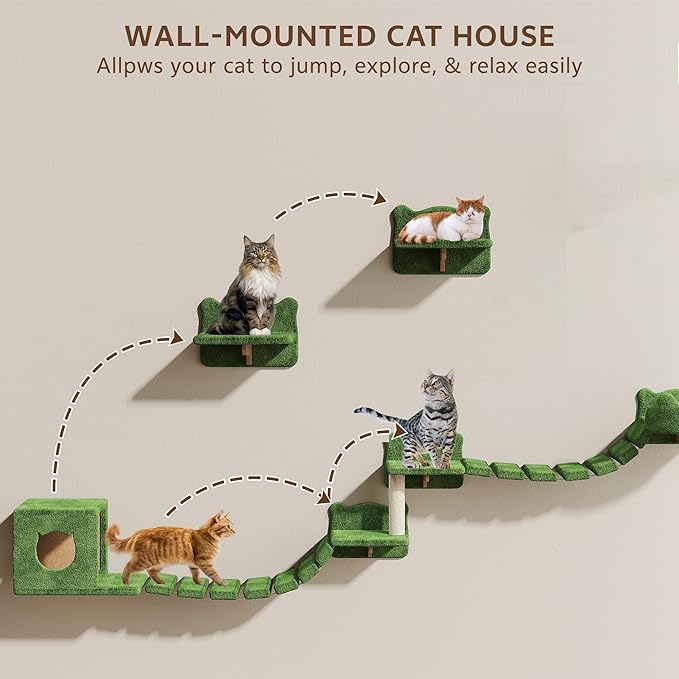 Cat Wall Shelves, Wall Mounted Cat Shelf Furniture with Plush Fabric (9 Piece Set), Cats Furniture with Condos, House, Steps, Bridge Ladder, Scratching Post, Green