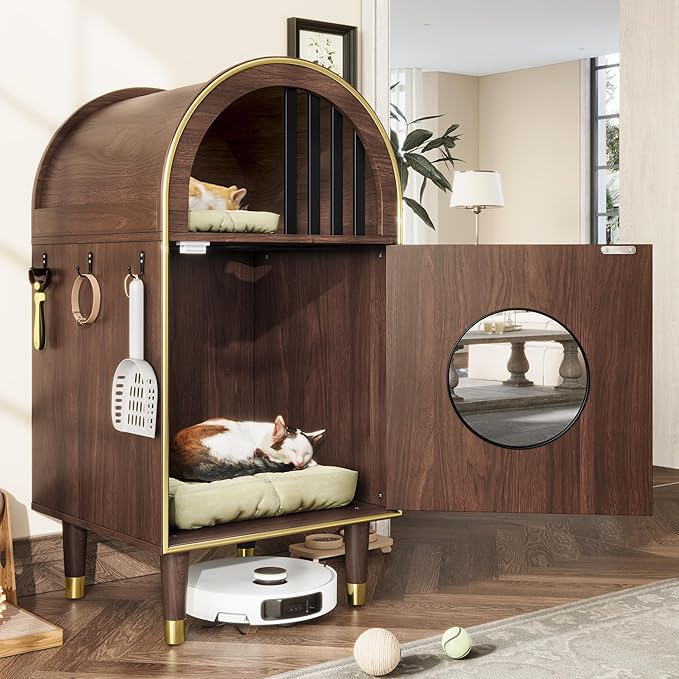 Cat Litter Box Enclosure Condo, 2-Tier Cat Bed Furniture with Arch Design, Indoor Cats Shelter for Two Cats, Cozy Kitty House with Raised Legs and Hooks, Espresso