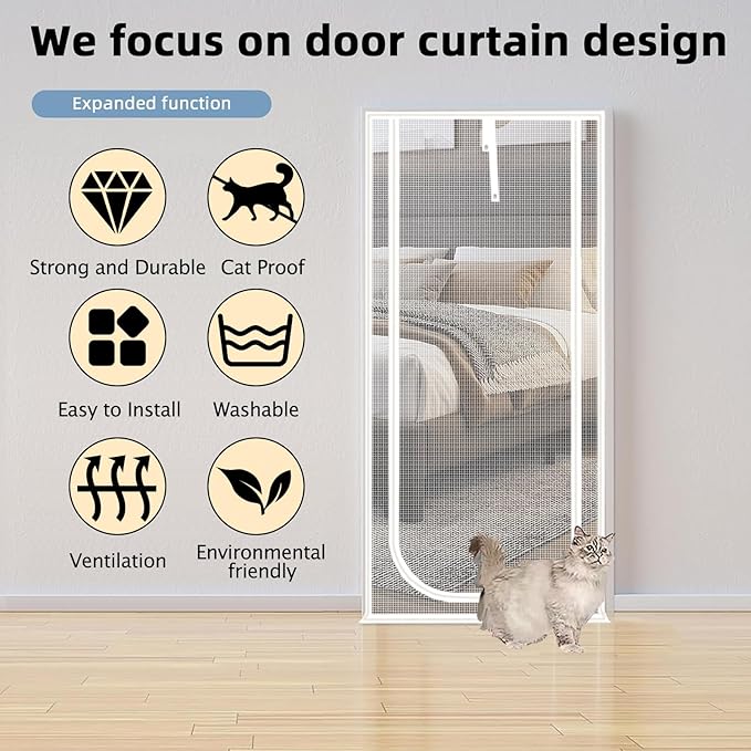 Reinforced Cat Screen Door,Fits Door Opening Size 36''x 84'',Thickened Cat Resistant Mesh Screen Door for Living Room,Kitchen,Bedroom,Cat Proof Screen with Zipper Closure. (U-Type,White)