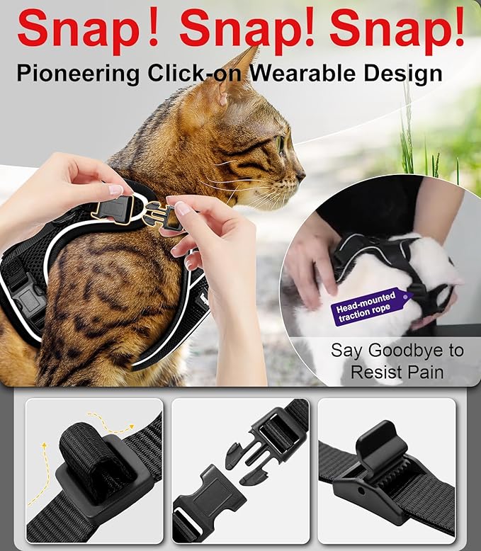 Cat Harness and Leash for Walking Escape Proof Soft Adjustable Cat Leash Breathable Comfortable Vest Easy to Wear Kitten Harness for Outdoor Travel (Black, XS (4-6lb))