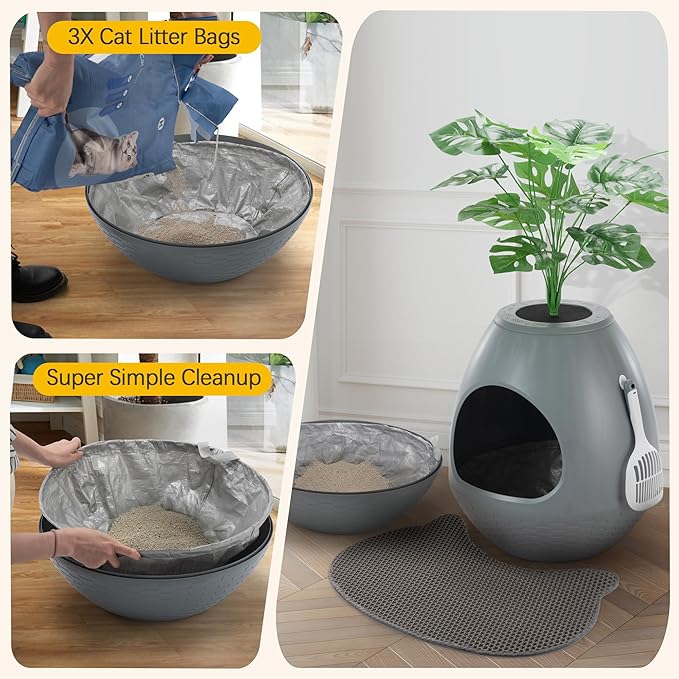 Eggloa6 Cat Litter Box Enclosure with 5PCS Litter Box Liners Plant Litter Box Large DIY Litter Box Furniture w/Cat Litter Mat, Smart Odor Removal System for Cats Kitty Bunny