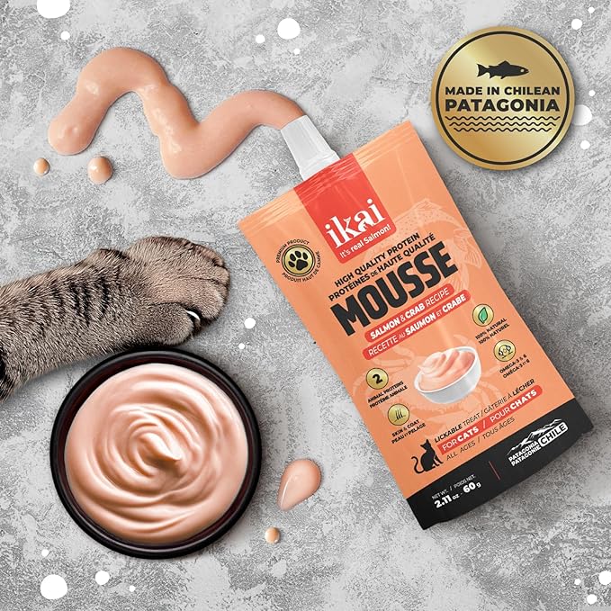 IKAI - Lickable Wet Cat Treats - Patagonian Salmon from Chile, No By-Products, Highly Digestible Protein, with Omega 3 & 6 for Healthy Skin & Glossy Coat - 2.11 oz (1 Pack, Salmon & Crab)