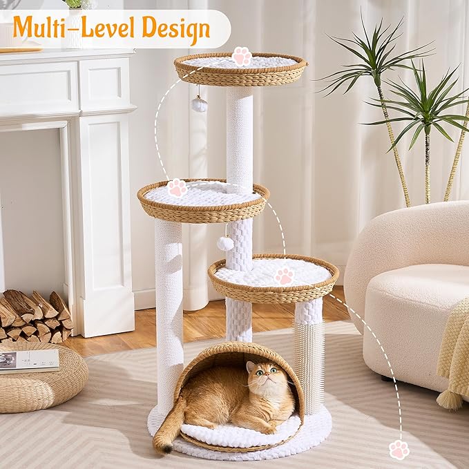 HITTITE Modern Cat Tree Tower with Scratching Post, 46 Inches Tall Cat Towers with Woven Cat Nests and Cave, Multi-Level Cat Tree With Removable Cushions and Massage Brush for Indoor Cats Large Adult.