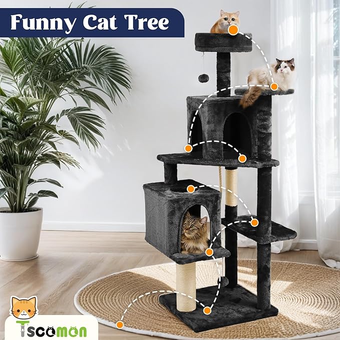 58 Inch Cat Tree Cat Tower for Indoor Cats Tall Cat Condos Scratching Post with Hanging Toy Furniture for Kitten Pets Play, Yellow Beige