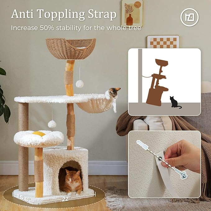 PETEPELA 48.5" Modern Cat Tree for Large Cats, Natural Solid Wood Cat Tower with Big Rattan Basket, Cozy Condo & Flower Cat Tree with Large Hammock for Indoor Cats, Kittens