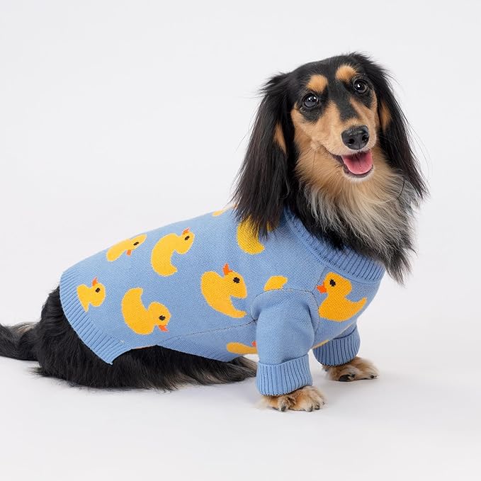 Fitwarm Funny Duck Dog Sweater, Thermal Dog Winter Clothes for Small Dogs Boy Girl, Pet Outfit, Blue, Yellow, Medium