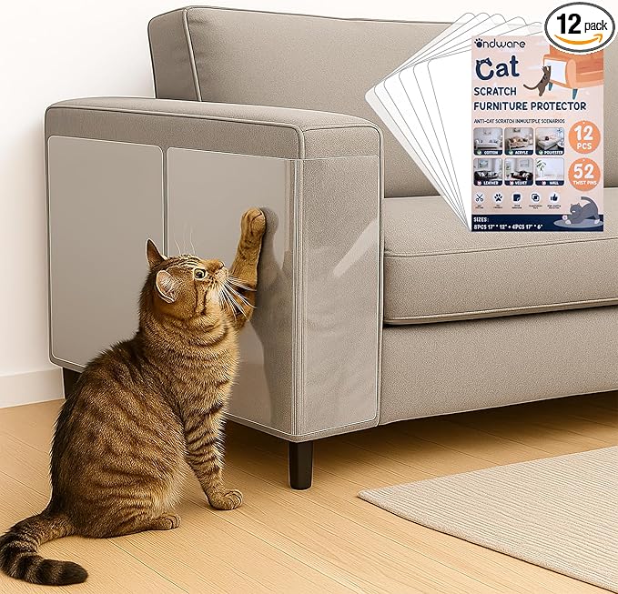12 PCS Cat Scratch Furniture Protector, 2 Sizes Self-Adhesive Couch Protectors from Cats Claw for Sofa, Walls, Doors