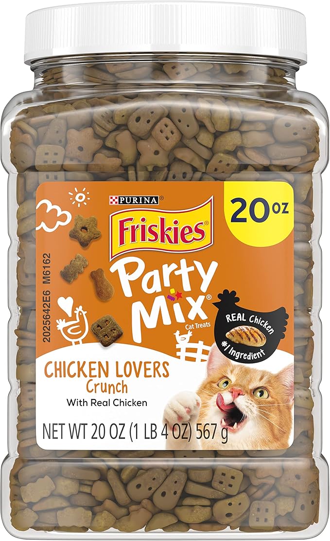 Purina Friskies Party Mix Cat Treats, Chicken Lovers Crunch, Made with Real Chicken, Crunchy Cat Treats for Adult Cats, 20-Ounce Resealable Canister (Pack of 2)