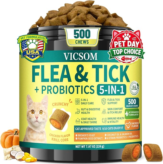 Flea and Tick Prevention for Cats, 500 Crunchy & Krill Chews with Probiotics for Cats, Cat Flea Chews with Gut & Digestive Support, Skin & Coat Support for All Breeds & Ages, Chicken Flavor