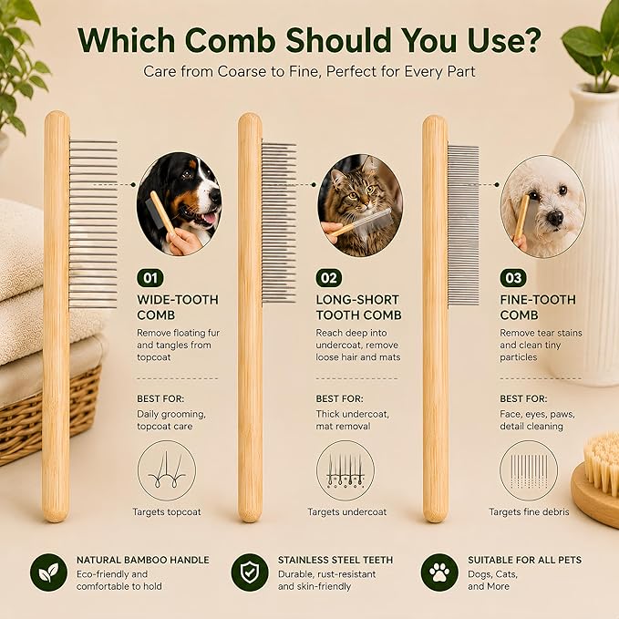 Bamboo Pet Grooming Kit for Medium to Long Haired Dogs & Cats, 4-in-1 Dematting Comb Set with Undercoat Rake, Fine/Wide & Long/Short Tooth Combs, Gentle Deshedding Tools for Indoor Pets