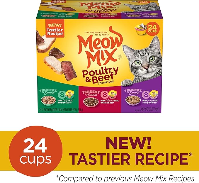 Meow Mix Tender Favorites Poultry & Beef Variety Pack, Wet Cat Food, 2.75 oz Cup (24 Pack)