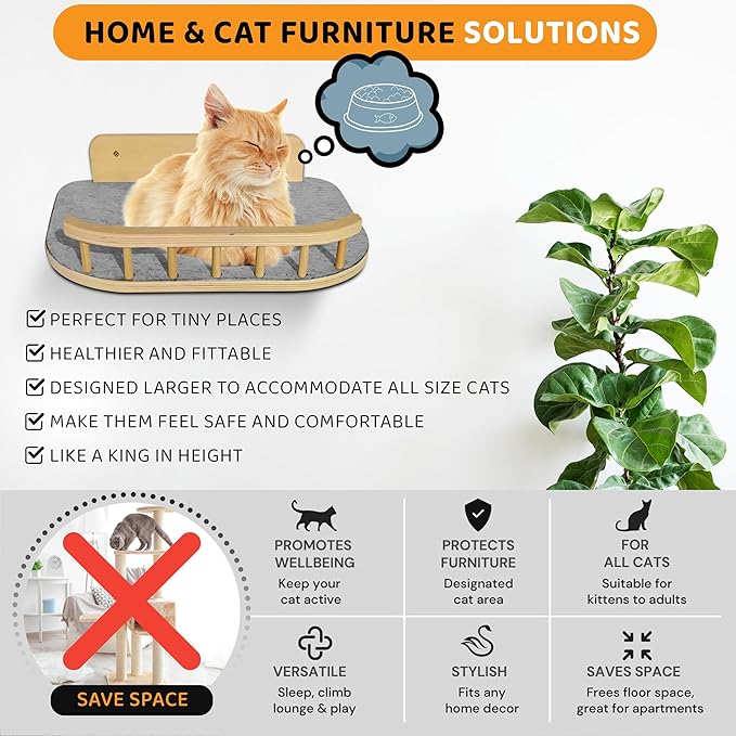 Cat Wall Shelves – 3 Steps Climbing Furniture & Perch for Indoor Cats up to 30lbs, Wooden Floating Shelf with Non-Slip Pad Bed, Modern Corner & Wall Mounted for Playing and Lounging - Natural