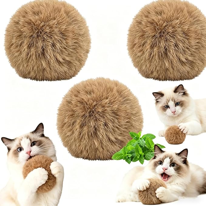 Rabbit Fur Ball Cat Toy, Soft Plush Catnip Cat Toys for Indoor Cats, Durable Kitten Chew Toys for Biting, Natural Fur Cat Toys for All Breeds of Cats(3PCS)