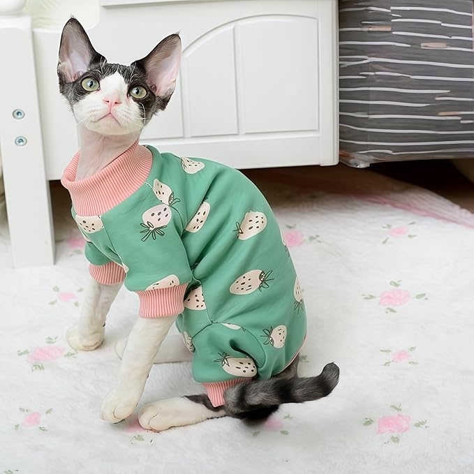 Sphynx Cat Sweater –Hairless Cats Shirt Pullover Kitten T-Shirts with Belly-Wrap Protection, Soft-Stretch Winter Clothes for Hairless Cats, Indoor Kitten Apparel (Pink&Green, Medium)