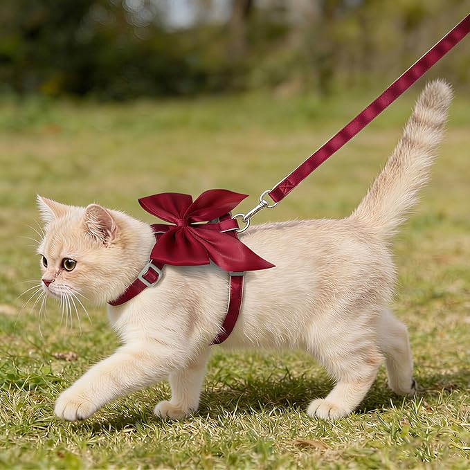 Tensho Red Bow Cat Harness and Leash Set Escape Proof, Adjustable Kitten Harness with Leash, Bow Tie Cat Harness for Walking Outdoor - Soft Lightweight Harness for Small Dogs Cats Rabbits (M)