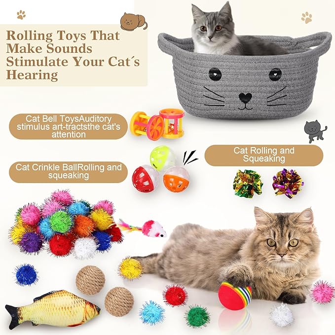 Zopeal 58 Pcs Summer Graduation Cat Storage Basket Gift Toys Set, Colorful Flashing Balls Pet Bell Crinkle Balls Spring Toys Attract Cat to Swat, Hunt, Interactive for Pet(Grey,9.8 Inch)