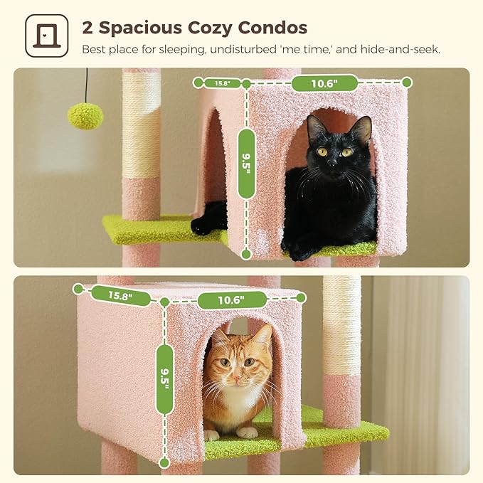 MUTTROS Flower Cat Tree, 62-Inch Tall Multi-Level Cat Tower with Scratching Posts for Large Indoor Cats, Plush Bed w/Padded Perches, Scratching Pad & 2 Green Pompoms, Pink