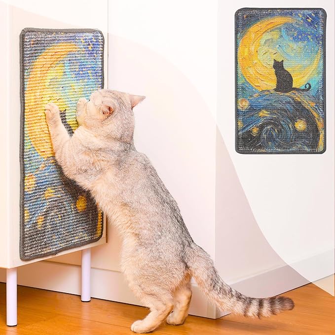 Furrther Sisal Cat Scratcher Post Mat (Use on Wall, Couch and Carpet), Durable and Shedding-Resistant Cat Scratching Surface - 21.7x13 inch with Hoop and Loop Adhesives, Twist Pins (Starry Night)
