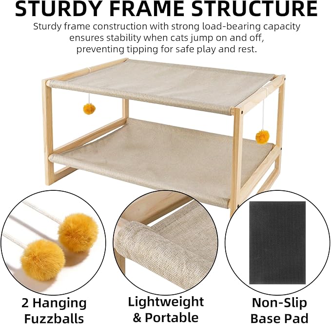 2 Layer Cat Hammock Bed, Pine Wood Bunk Bed for Cats with Removable Washable Cover, 45 lbs/Tier Capacity, Elevated Pet Bed Includes Tools & Toys (23.6" x 16.5" x 13")
