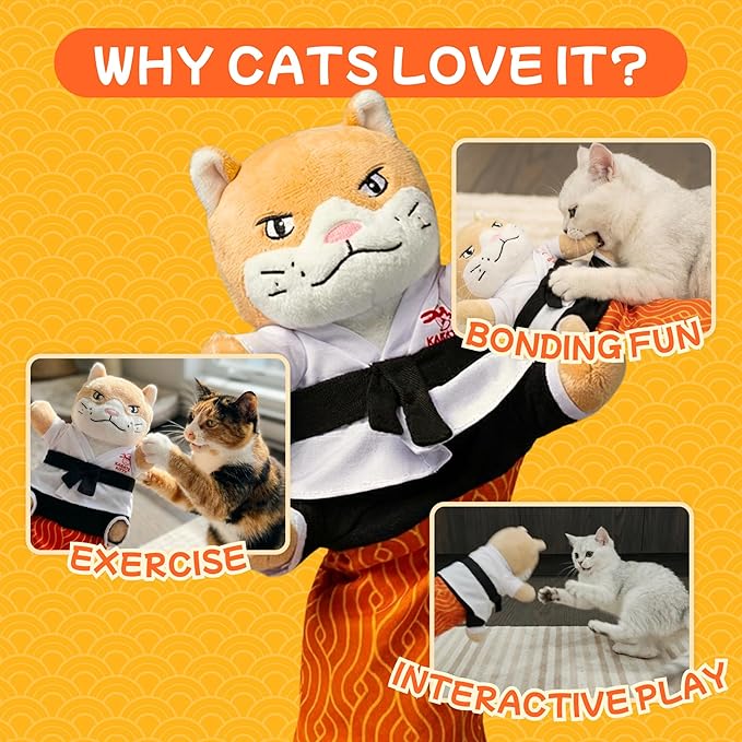 KARATE KITTY Cat Wrestling Glove & Puppet Toy with Protective Arm Sleeve – Interactive Boxing Cat Toy for Indoor Cats with Catnip Pocket & Crinkle Ears