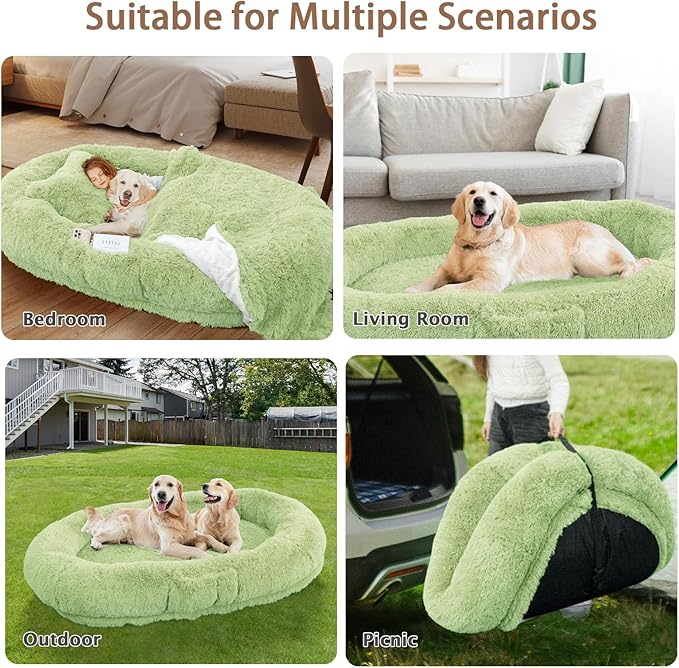 ROOMTEC Human Dog Bed, 71''x45''x12'' Size Fits Adult and Pet Washable Giant People Bed 10 CM Thick Memory Foam Large Oversize Pet Bed with Plump Pillow, Blanket, Strap - Green