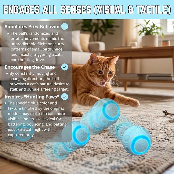 Interactive Cat Toy Ball, 3 Play Modes, Automatic Rolling with RGB Lights, E-TPU, Smart Moving Bouncing for Cats and Dogs, Blue