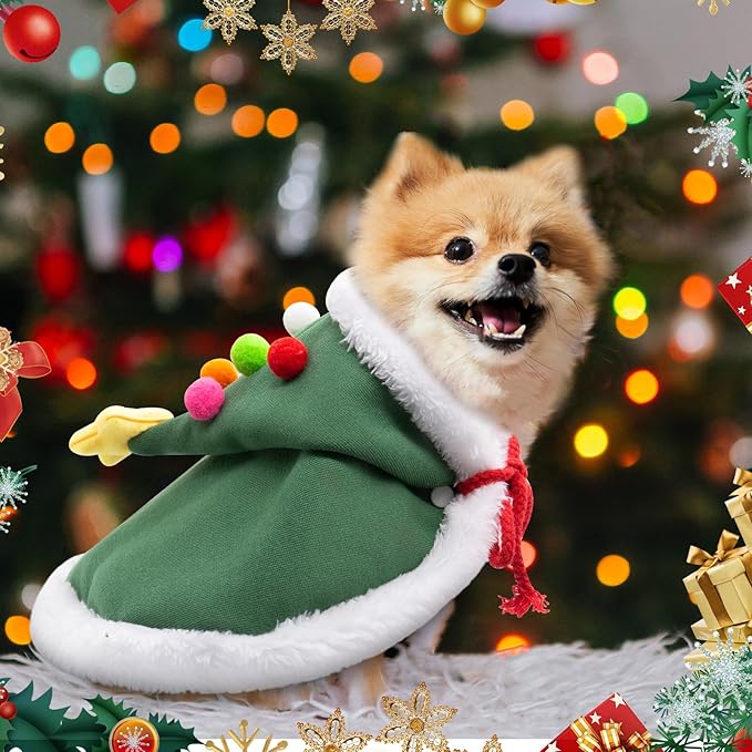 Cat Christmas Cape with Velvet Stars Hat, Small Dog Soft Thick Xmas Cloak, Pets Christmas Costume Dogs Cats Santa Claus Outfits for Goose, L