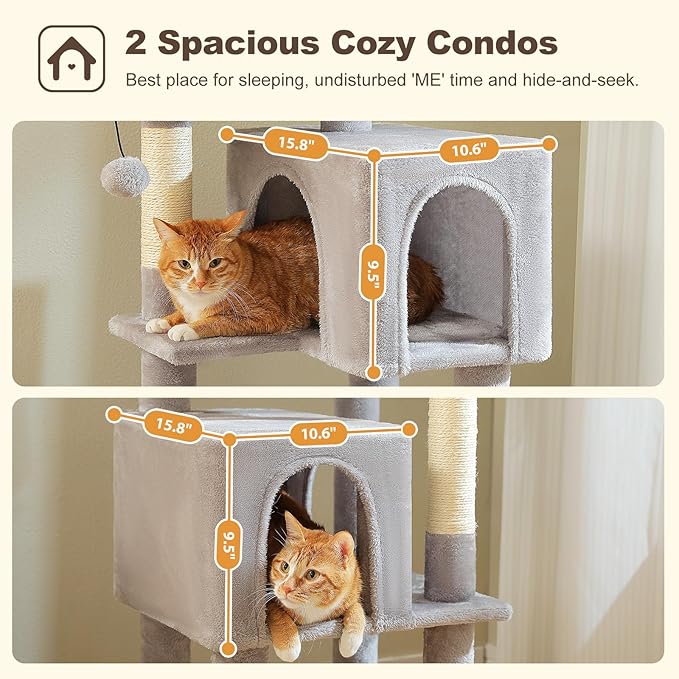 MUTTROS Cat Tree for Indoor Cats, 62-Inch Multi-Level Cat Tower with Scratching Posts for Large Cats, 2 Bigger Plush Condos, Padded Platform, Soft Cat Bed and Scratching Pad, 2 Pompoms, Gray