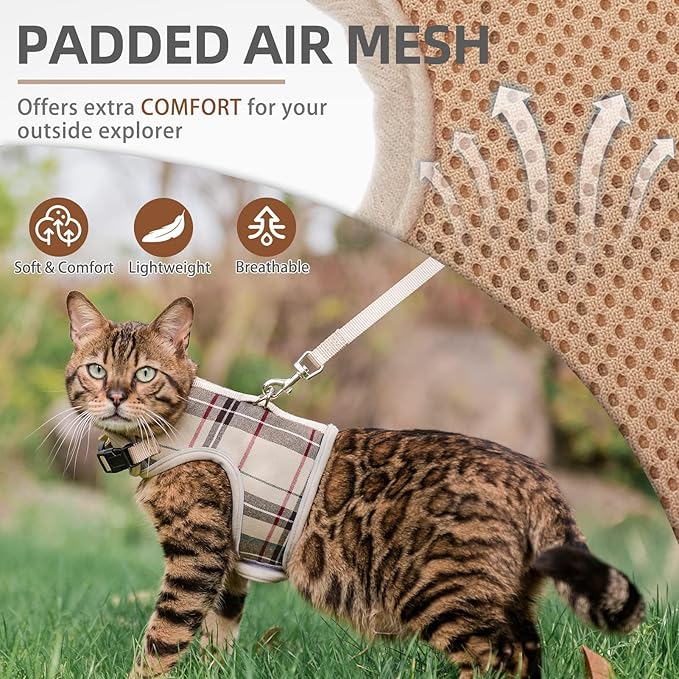 PUPTECK Soft Mesh Cat Vest Harness and Leash Set Puppy Padded Pet Harnesses Escape Proof for Cats Small Dogs Rabbits Bunny, Plaid Beige, M