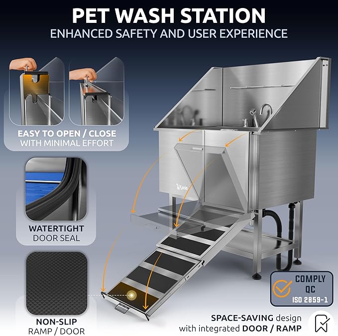 KANIS Professional Dog Washing Station 304 Stainless Steel Pet Wash Sink & Grooming Bathtub w/Shower, Floor Grates and Storage for Large, Medium & Small Pets (Silver, 40 Inches, Right Ramp, Shelf)