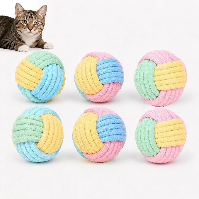 Kitten Toys & Cat Toys for Indoor Cats: 6 Pack Interactive Cat Toy Balls with Rope, Crinkle Cat Ball Toy for Chase, Chewing and Boredom Relief