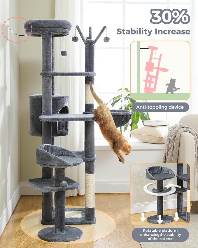 MUTTROS 59" Cat Tree, Cat Tower for Large Cats, Multi-Level Cat Tower with 3 Removable Pompom Sticks, Cat Tree for Indoor Cats, Cat Condo with Large Hammock, Scratching Post, and 2 Perches, Dark Gray