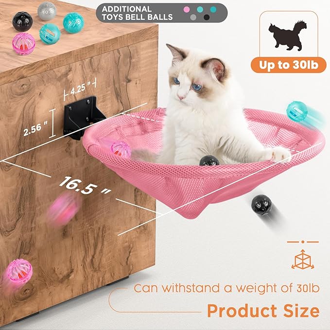 JUNSPOW Cat Hammock Wall Mounted, Foldable & Stable Cat Beds- Breathable Cat Wall Shelves for Sleeping, Playing, Climbing, and Lounging - Maximum Hold Up to 30lb (Pink)