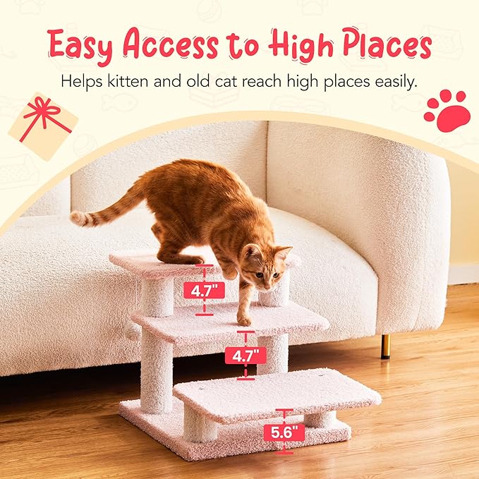 15''H Multi-Step Pet Stairs for High Beds & Sofas, 3-Step Cat Stairs with 2 Toy Balls, Wide Boards for Indoor Kittens Dogs Pets Climbing, Pink 2.0