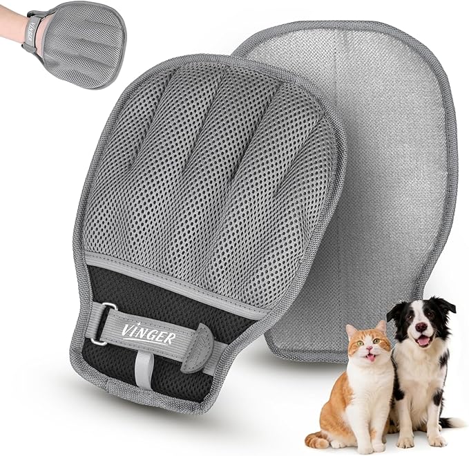 VINGER Pet Hair Removal Glove for Cats & Dogs, Electrostatic Pet Hair Gloves with Adjustable Wristband, Five-Finger Magic Brush Remover Tool for Laundry, Carpet, Couch, Car Seats & Clothing (Grey)