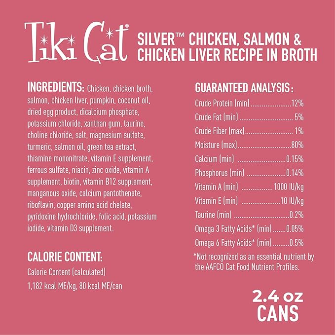 Tiki Cat Silver Wet Cat Food for Senior Cats, Chicken, Salmon & Chicken Liver Mousse & Shreds, 2.4 oz. Cans (12 Count)