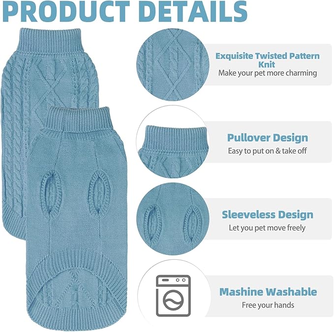 PUPTECK Winter Cat Sweater Coat - Soft Warm Cold Weather Clothes Knitwear for Kittens & Small Dogs Indoor Outdoor Wearing, Knitted Classic for Doggies Kitties Girls Boys, Sky Blue, L