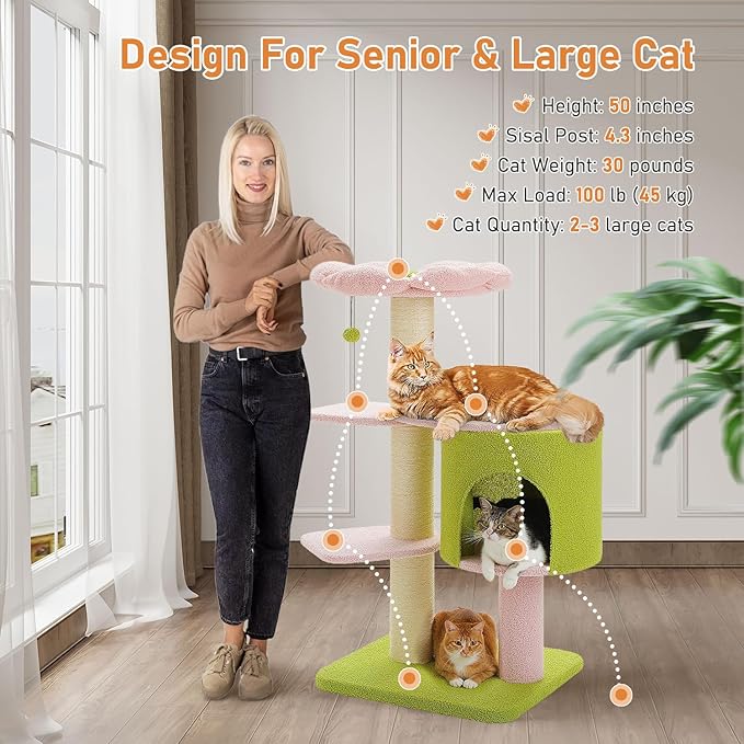 MUTTROS 50" Pink Flower Cat Tree for Large Heavy Cats, Maine Coon Cat Tower with Extra Thick Scratching Posts (φ4.3in), Spacious Cat Condo for Big Cats 20 lbs, Soft Top Bed-Green