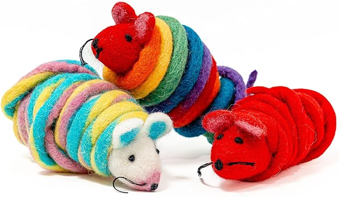 Catch a Mouse Wool Cat Toy with a 6-Ft Tail for Indoor Cats & Kittens. Cute Toy Mouse, Rat Plush Toy, Fake Mice. No Catnip. Pride (Rainbow)