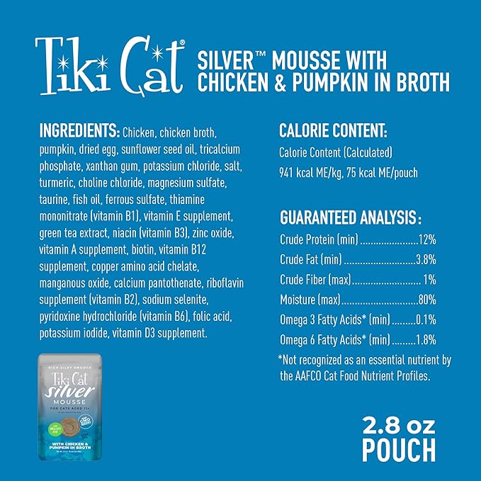 Tiki Cat Silver Mousse Wet Cat Food for Seniors, Chicken & Pumpkin, 2.8 oz. Pouch (12 Count)