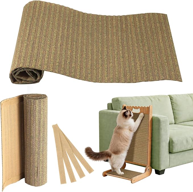 Natural Cork Cat Scratcher Mat with NO Preapplied Adhensive, Bonus Hook-Loop Tape Included. Replacement for Cat Post, Scratcher, Ramp, Cat Whell and Pet Supplies. (Catnip Green, 39.4 x 11.8 Inch)