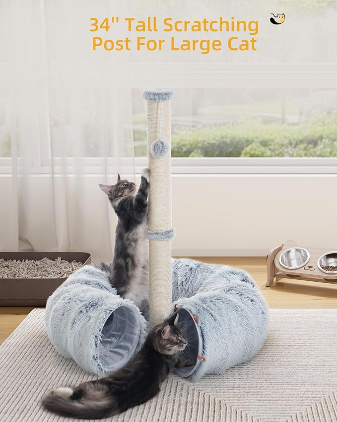 Aechonow 3-in-1 Cat Tunnel Bed, 34'' Tall Cat Scratching Post for Indoor Cats, Fluffy Peekaboo Donut Hideout Toy for Pets, Rabbit, Ferret