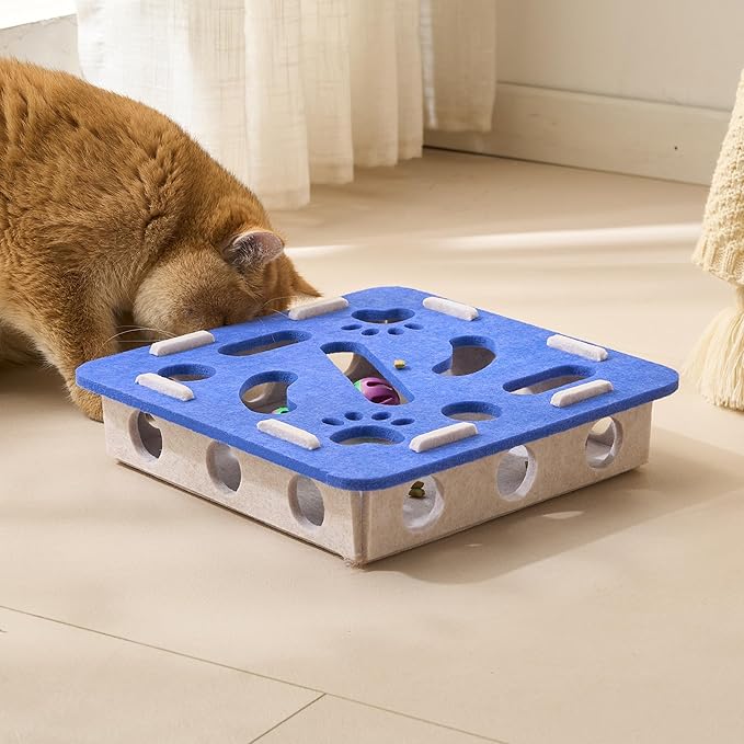 Interactive Cat Puzzle Feeder Toy - Felt Maze Box with 3 Jingle Balls for Indoor Cats, Kittens to Adults - Mental Stimulation, Slow Feeding & Fun Exercise Encourages Natural Hunting Instincts