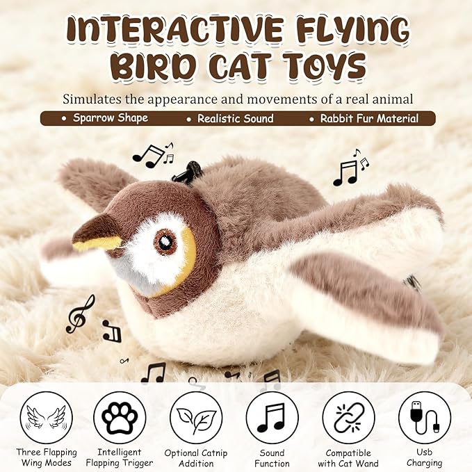 Interactive Chirping Bird Cat Toys - Flying Birds Cats Toy with Flapping Wings, Realistic Electric Sparrow Pet Plush Toys, Relieving Boredom Flying Bird Cat Toys for Indoor Cats