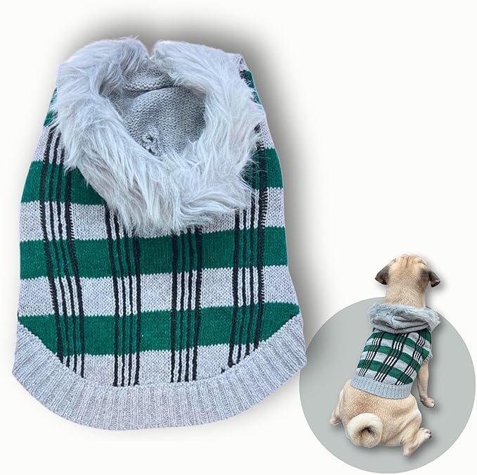 Cute Sweater for Dogs and Cats Soft Flannel Pet Outfit Warm and Cozy Animal Vest Small to Large Pet Clothes for Halloween Parties and Everyday Wear (Large, Green Checkered with Hat)