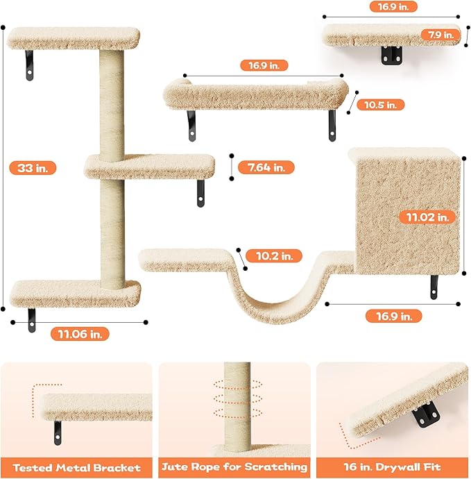 Cat Wall Shelves for Large Cats, Stable & Safe Kitty Walls Furniture Set for 40LBS Cats with Wooden Cat Climber,House, Bridge, Tree, Steps, and Scratcher for 16 Inch Drywall (Beige, 5-in-1)