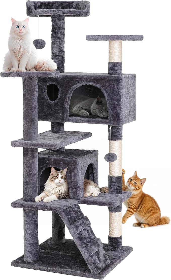54-Inch Cat Tree Multi-Level Condo Tower Bed Furniture Kitten Play House with Scratching Posts, Dark Grey