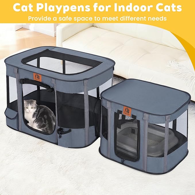 Portable Cat Playpen 2-in-1, Enclosed Kitten Playpen with Litter Box Cage Area, Pet Playpen with Collapsible Tent Rod Reinforced for Cats Puppy Rabbit Hamster Indoor Outdoor Use (Grey)