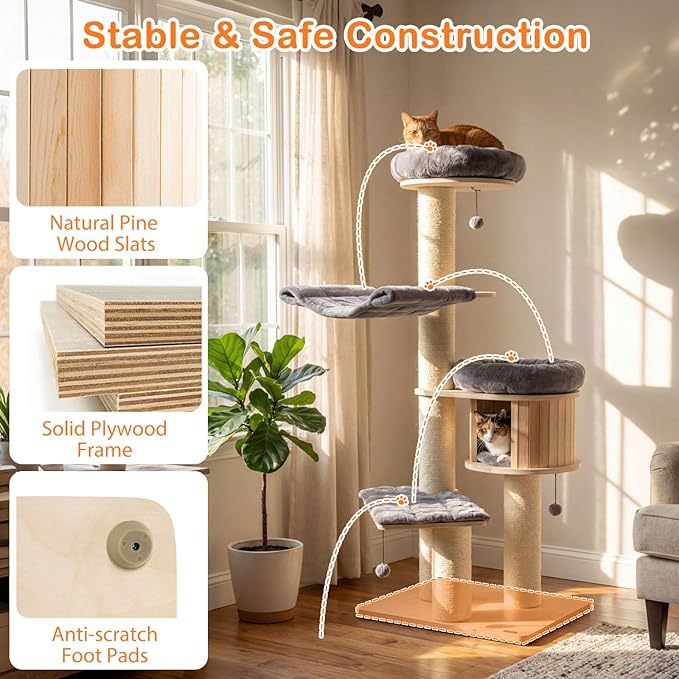 Tangkula Modern Cat Tree, Multi-Level Large Cat Tower with Condo, Hammocks & Hanging Basket, Tall Cat Tree with Sisal Posts, Washable Cushions, Wood Cat Trees and Towers for Indoor Large Cats