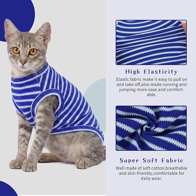 BRKURLEG Knit Cat Shirt, Sleeveless Pet Vest for Sphynx Cats and Small Dogs, Soft Pullover Spring Summer Apparel, Breathable T-Shirts with Round Collar (Blue Stripes, XL)